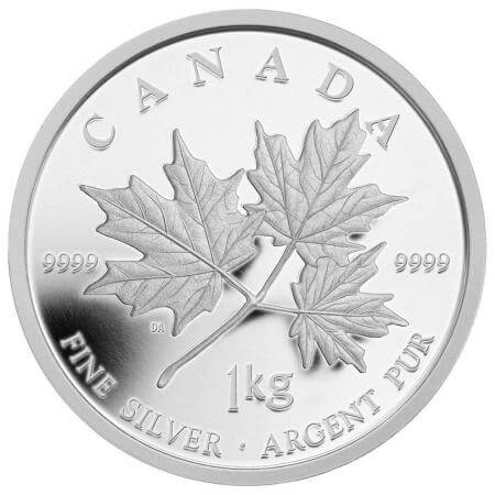 reverse side of the 1 kg CAD$ 250 Maple Leaf Forever silver coin that was issued in 2011