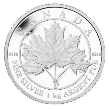 reverse side of the 1 kg CAD$ 250 Maple Leaf Forever silver coin that was issued in 2012