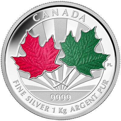 reverse side of the 1 kg CAD$ 250 Maple Leaf Forever silver coin that was issued in 2014
