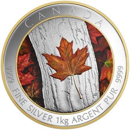 reverse side of the 1 kg CAD$ 250 Maple Leaf Forever silver coin that was issued in 2016
