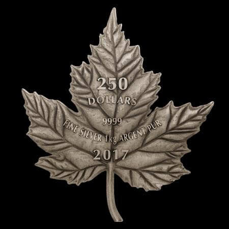 reverse side of the 1 kg CAD$ 250 Maple Leaf Forever silver coin that was issued in 2017