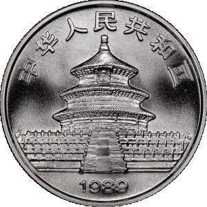 obverse side of the 1989 issue of the brilliant uncirculated 1 oz Chinese Silver Panda coins, the first BU Silver Pandas that were minted