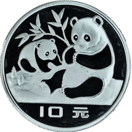 reverse side of the 1983 issue of the proof Chinese Silver Panda coin