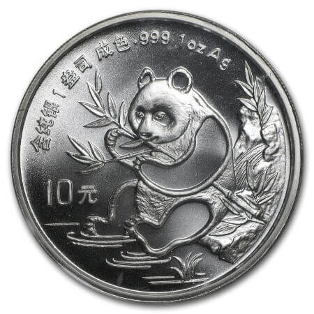 reverse side of the 1991 issue of the 1 oz BU Silver Chinese Panda coins