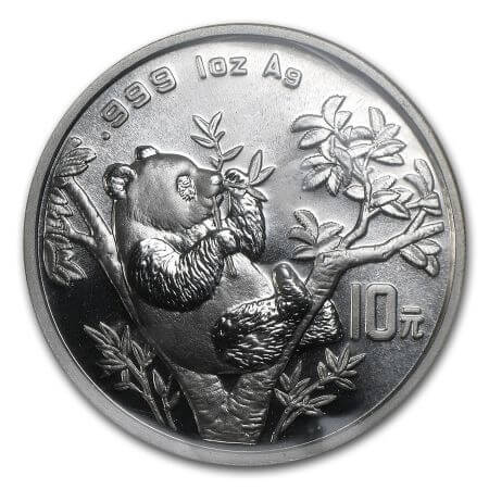 reverse side of the 1995 issue of the 1 oz BU China Panda silver coins