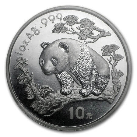 reverse side of the 1997 issue of the 1 oz BU coin of the Chinese Silver Panda coin series