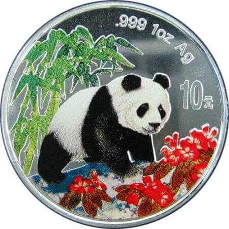 reverse side of the 1997 issue of the 1 oz colored Chinese Silver Panda coin