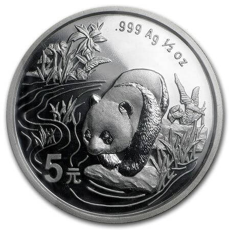 reverse side of the 1997 issue of the 1/2 oz BU Chinese Silver Panda coins