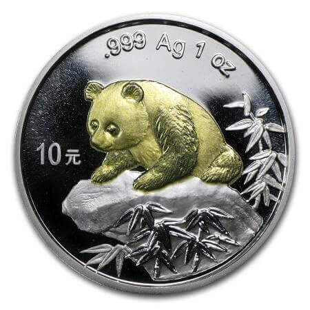 reverse side of the gilded 1999 issue of the 1 oz BU Chinese Silver Panda coin