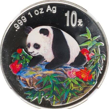 reverse side of the 1999 issue of the 1 oz colored Chinese Silver Pandas