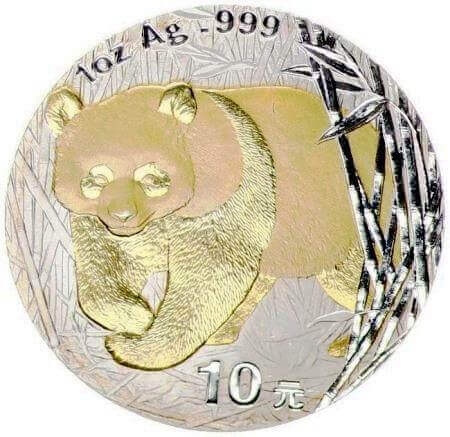reverse side of the gilded 2001 issue of the 1 oz BU Chinese Silver Panda coin