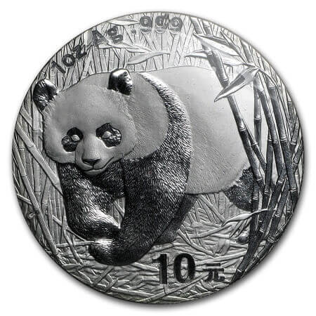 reverse side of the 2002 issue of the 1 oz BU China Silver Panda coin