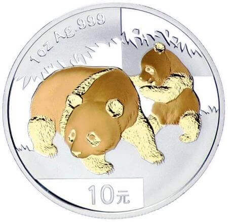 reverse side of the gilded 2008 issue of the 1 oz BU Chinese Silver Panda coin