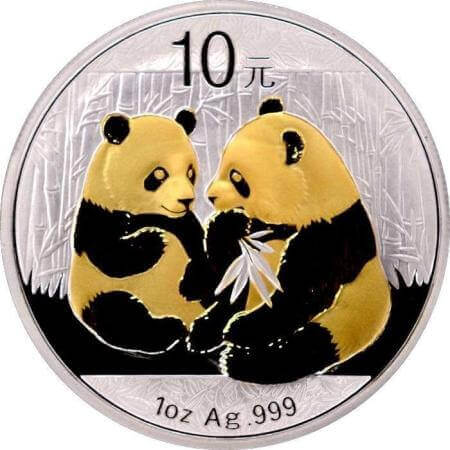 reverse side of the gilded 2009 issue of the 1 oz BU Chinese Silver Panda coin