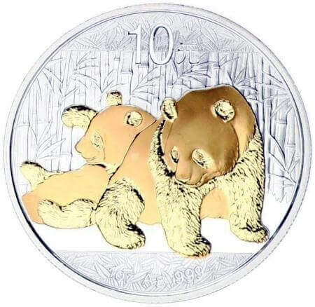 reverse side of the gilded 2010 issue of the 1 oz BU Chinese Silver Panda coin