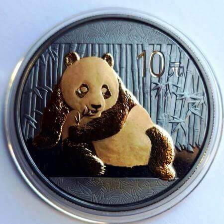 reverse side of the gilded 2015 issue of the 1 oz BU Chinese Silver Panda coin