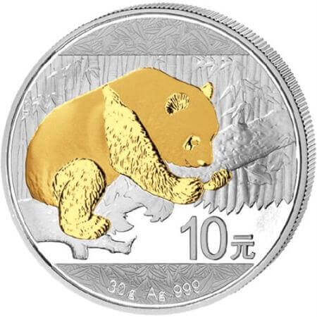 reverse side of the gilded 2016 issue of the 1 oz BU Chinese Silver Panda coin
