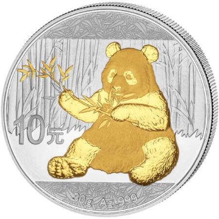 reverse side of the gilded 2017 issue of the 1 oz BU Chinese Silver Panda coin
