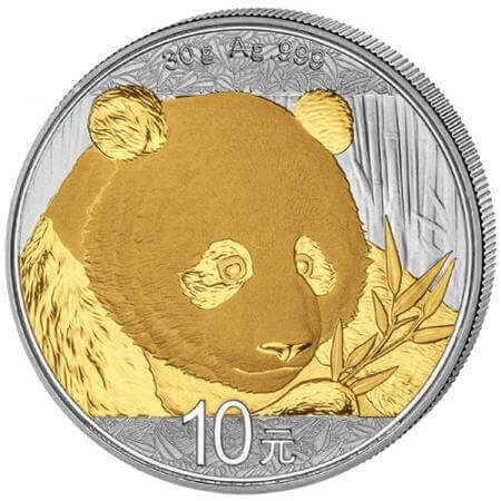 reverse side of the gilded 2018 issue of the 1 oz BU Chinese Silver Panda coin