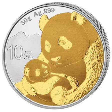 reverse side of the gilded 2019 issue of the 1 oz BU Chinese Silver Panda coin