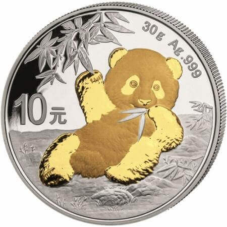 reverse side of the gilded 2020 issue of the 1 oz BU Chinese Silver Panda coin