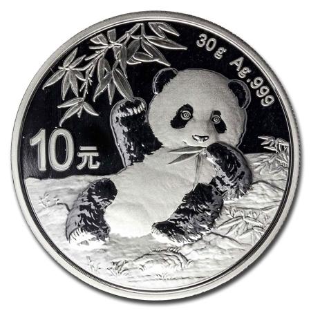 reverse side of the 2020 issue of the 30 gram BU Silver Panda coins