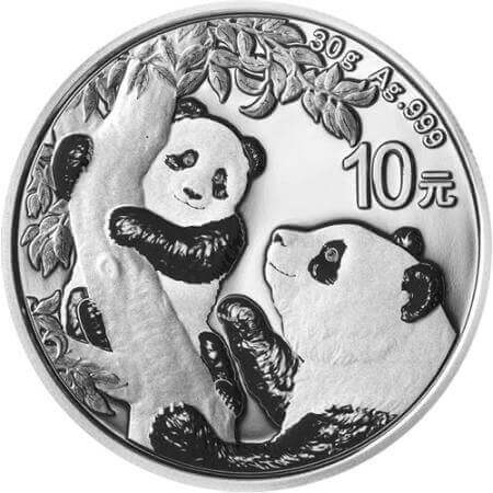 reverse side of the 2021 issue of the 30 gram BU Silver Panda coins