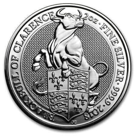 reverse side of the Black Bull of Clarence issue of the brilliant uncirculated 2 oz silver coins of the Queen's Beasts series