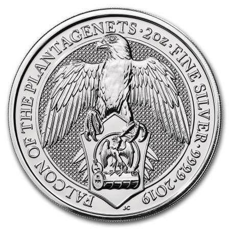 reverse side of the Falcon of the Plantagenets issue of the brilliant uncirculated 2 oz silver coins of the Queen's Beasts series