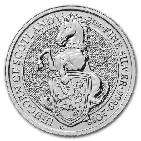 reverse side of the Unicorn of Scotland issue of the brilliant uncirculated 2 oz Queen's Beasts coins
