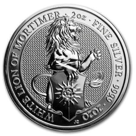 reverse side of the White Lion of Mortimer issue of the brilliant uncirculated 2 oz silver coins of the Queen's Beasts series