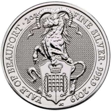 reverse side of the Yale of Beaufort issue of the brilliant uncirculated 2 oz silver coins of the Queen's Beasts series