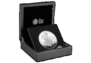 the 5 oz proof British Queen's Beasts silver coin in its presentation box